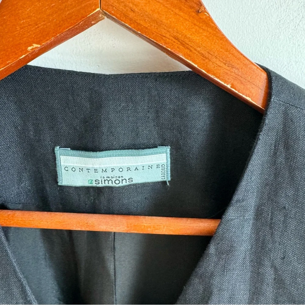Simons Vintage Contemoraine Black Midi 100% Linen Dress Size 12 Double Buttons - Picture 5 of 11